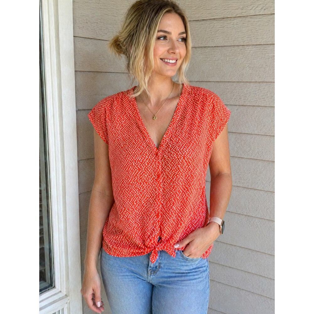 LOFT Orange & White Polka Dot Blouse | Size Small | Lightweight Button Front Top